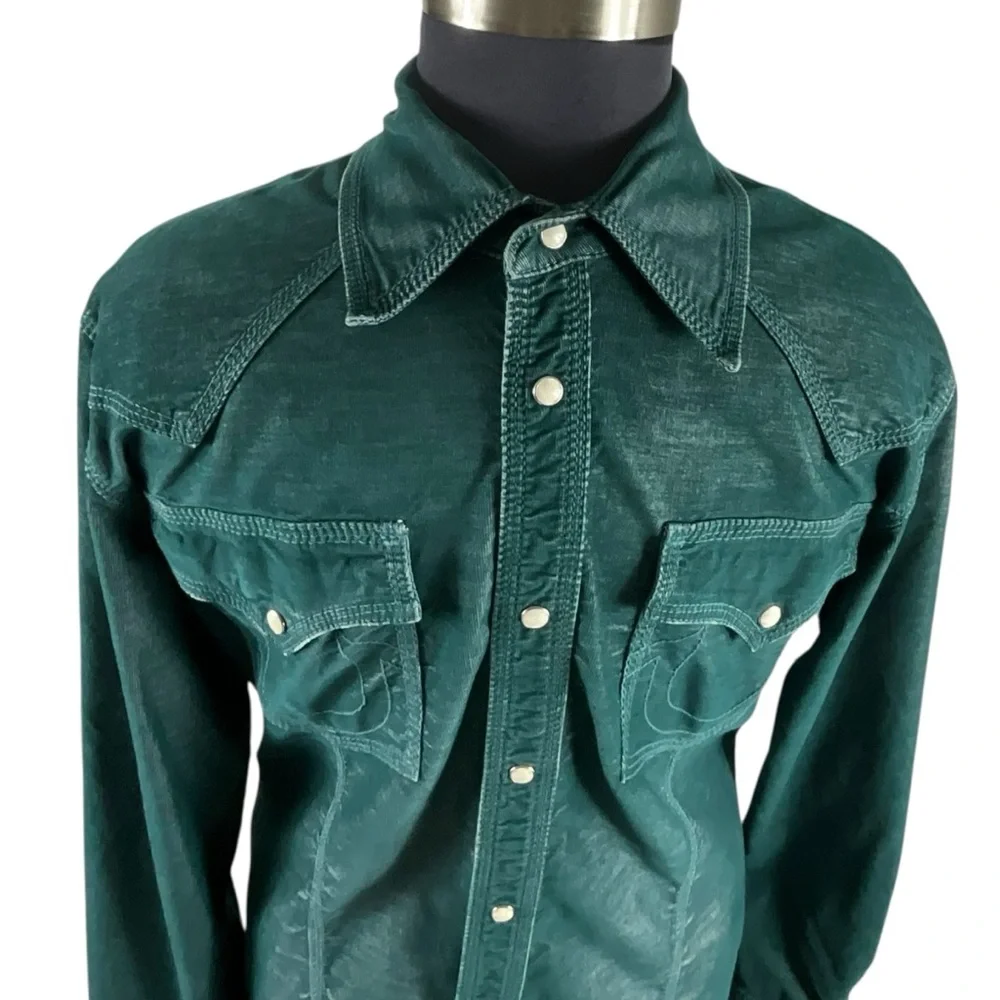 True Religion Rocky Men Dark Teal Chambray Corduroy Western Pearl button Shirt